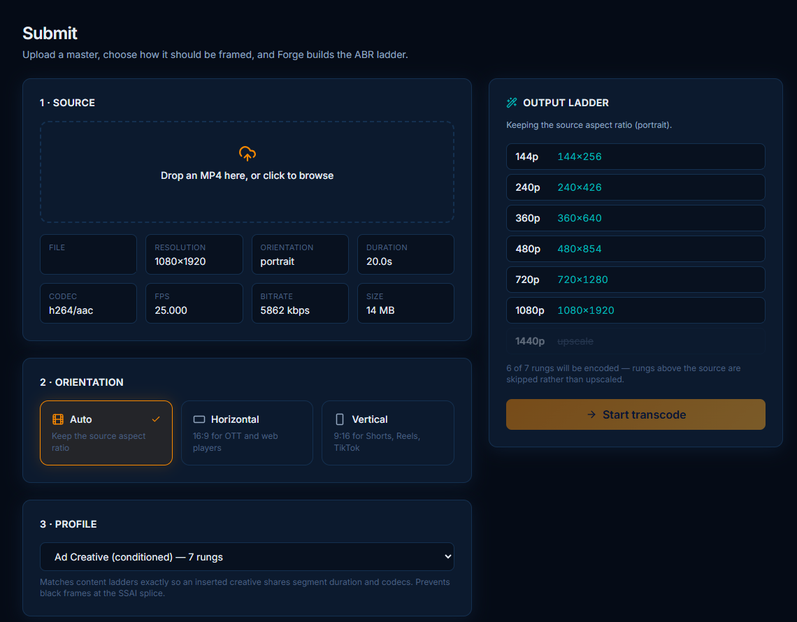 The Forge submit screen: a probed source file shown with its resolution, codec, frame rate and duration, beside the output ladder listing the renditions that will be produced.